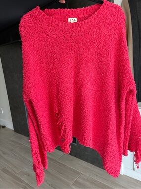POL Women’s Bright Red Textured Fringe Crew Sweater